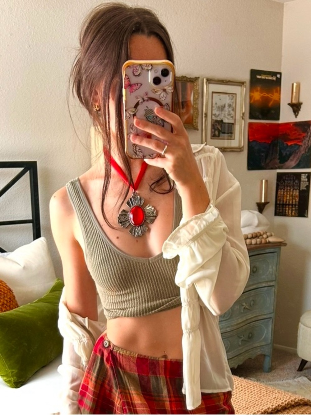 Vampy Gothic Red Gem Cross Necklace Satin Ribbon Whimsigoth Romantic Ren Faire